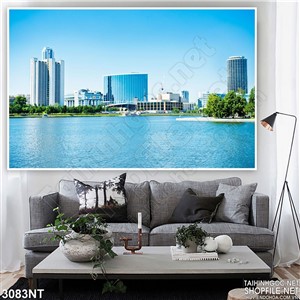 Tranh thành phố biển xanh trên nền trời xanh