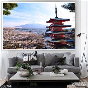 Tranh ngôi chùa trong vườn hoa anh đào