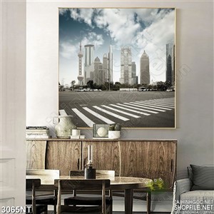 Tranh những tòa nhà cao dưới nền mây trắng