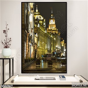 Tranh tòa nhà sáng đèn trong đêm