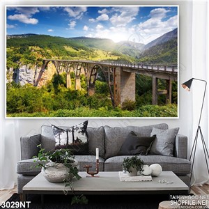 Tranh cây cầu dài giữa khu rừng 3d