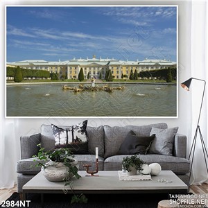 Tranh tòa nhà trắng trước hồ in uv