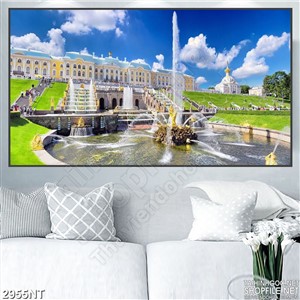 Tranh vòi phun nước trước tòa nha trắng