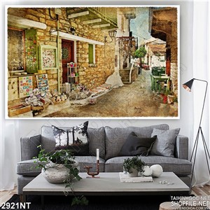 Tranh con đường nhỏ trong khu nhà bằng đá