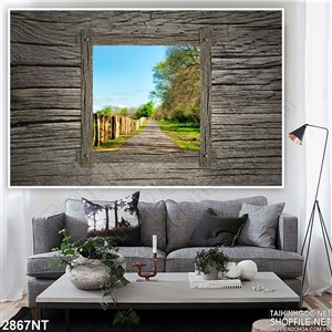 Tranh ô cửa gỗ nhìn ra cánh đồng