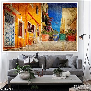 Tranh vẽ bức tường vàng bên những chậu hoa