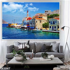 Tranh thành phố bên bãi biển xanh thẳm