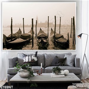 Tranh những con thuyền neo bờ không người