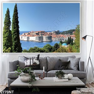 Tranh thành phố trên biển xanh in uv