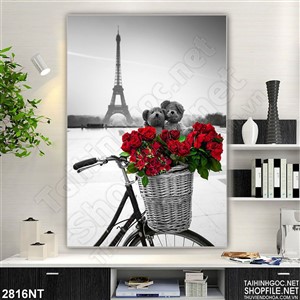 Tranh giỏ hoa hồng đỏ treo tường