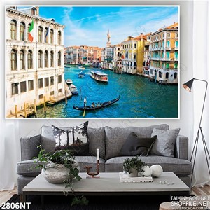 Tranh con sông chạy quanh thành phố in uv