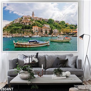 Tranh thành phố trên đồi và biển