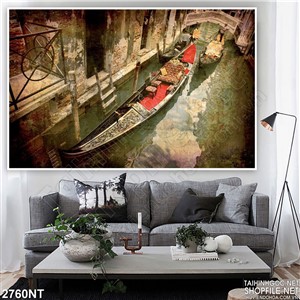 Tranh con thuyền cập bên lâu đài