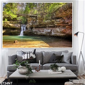 Tranh con suối dưới mõm đá lớn in uv