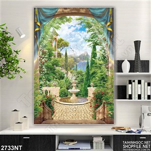 Tranh cánh cửa nhìn ra khu rừng có rèm che