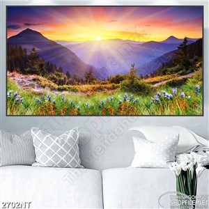 Tranh ánh nắng phía sau ngọn núi 3d