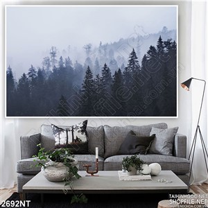 Tranh rừng cây phủ sương mờ in uv