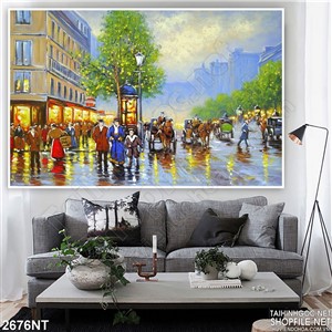 Tranh dòng người đổ lên lòng đường