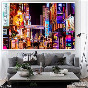 Tranh thành phố người hoa lên đèn