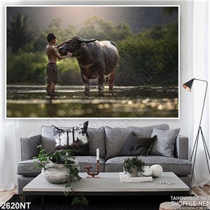 Tranh chú bé tắm trâu dưới suối