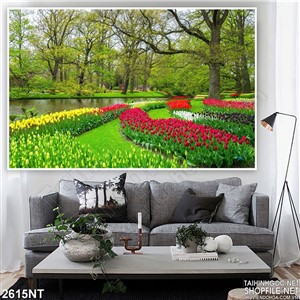 Tranh hàng cây và khu vườn hoa bên sông