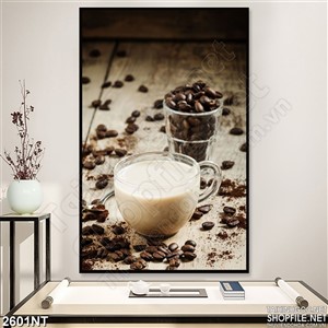 Tranh hạt cà phê bên ly sữa in uv