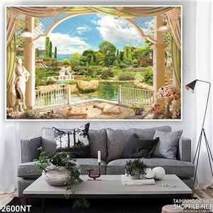 Tranh ban công nhìn ra hồ nước xanh