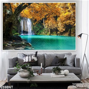 Tranh dòng thác tròng rừng vàng 3d