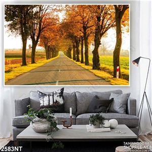 Tranh con đường và hàng cây trên đồng cỏ