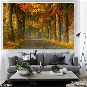 Tranh con đường vắng bên hàng cây đỏ