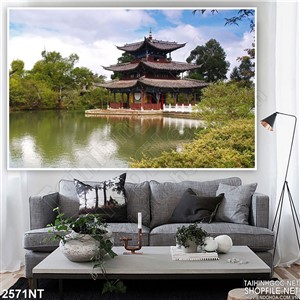 Tranh ngôi chùa giữa sông in uv