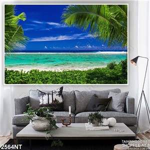 Tranh vườn cây xanh trên bờ biển 3d