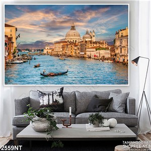 Tranh dòng sông bao quanh thành phố 3d