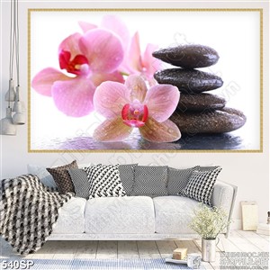 Tranh hoa lan hồng và đá cuội