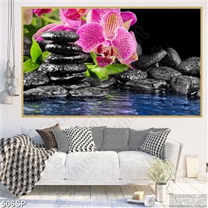 Tranh hoa lan hồng đẹp và đá cuội đen