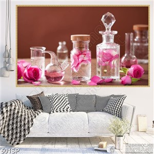Tranh in uv chai lọ tinh dầu thơm hoa hồng