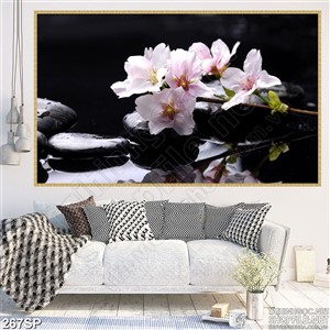 Tranh cành đào trắng bên dòng nước