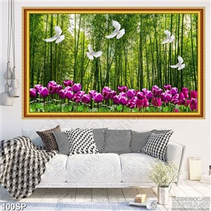 Tranh cảnh thiên nhiên hoa tulip và bồ câu