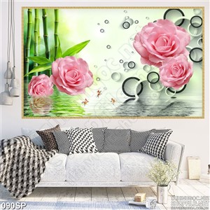 Tranh spa hoa hồng cam và cành trúc