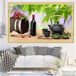Tranh cảnh in wall chai rượu vang và nho