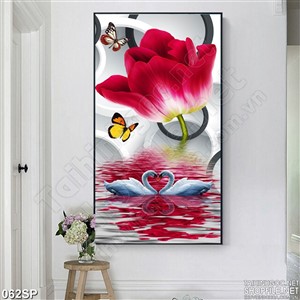 Tranh hoa tulip đỏ và bướm