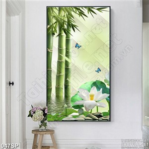 Tranh khổ dọc trúc và bướm in kính