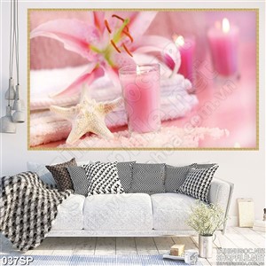 Tranh hoa lily hồng và nến in trang trí