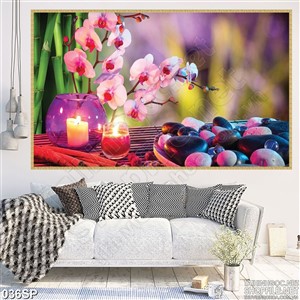 Tranh in trang trí hoa lan và đá sỏi