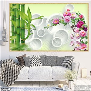 Tranh khổ ngang spa hoa mẫu đơn và trúc đẹp