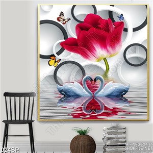Tranh hoa tulip đỏ và thiên nga