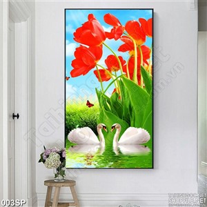 Tranh decor hoa tulip đỏ và bầu trời đẹp