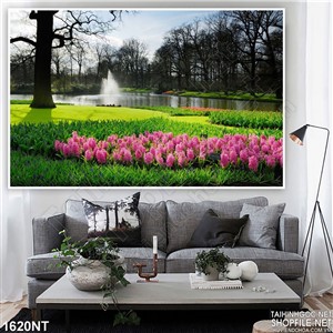 Tranh tulip hồng bên sông