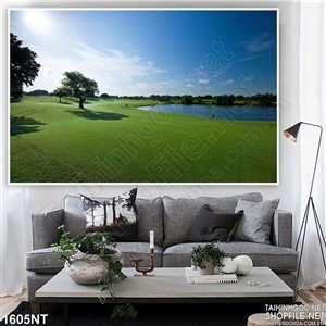 Tranh bãi cỏ xanh bên sông