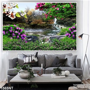 Tranh hồ nước giữa vườn hoa